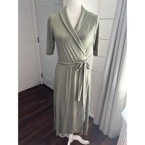 Quince Wrap Dress Womens Large Sage Green TENCEL Lyocell Belted Midi Soft Jersey